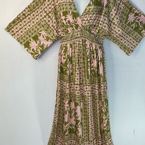 Olive and Pink Floral Maxi Dress with Smocked Waist
